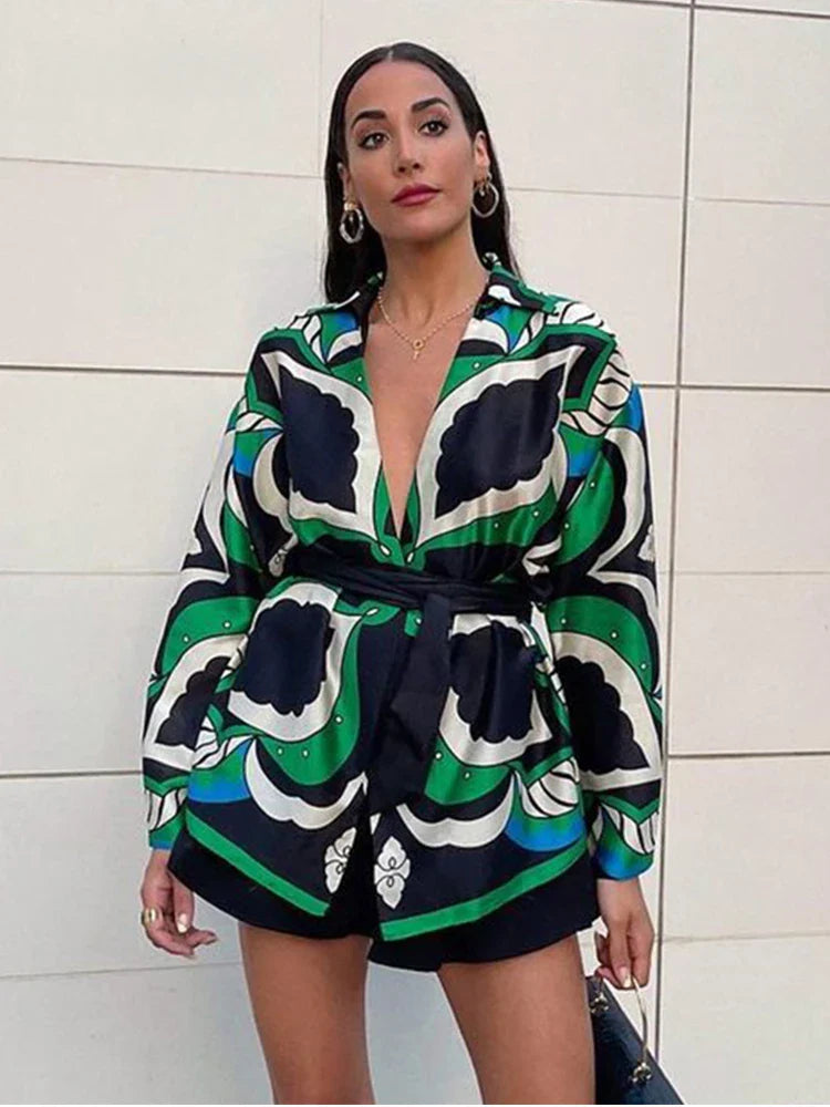Foridol Oversized Green Print Boho Women Shorts Sets Shirts Shorts Pants Three Pieces Fashion Suits Matching Sets Summer