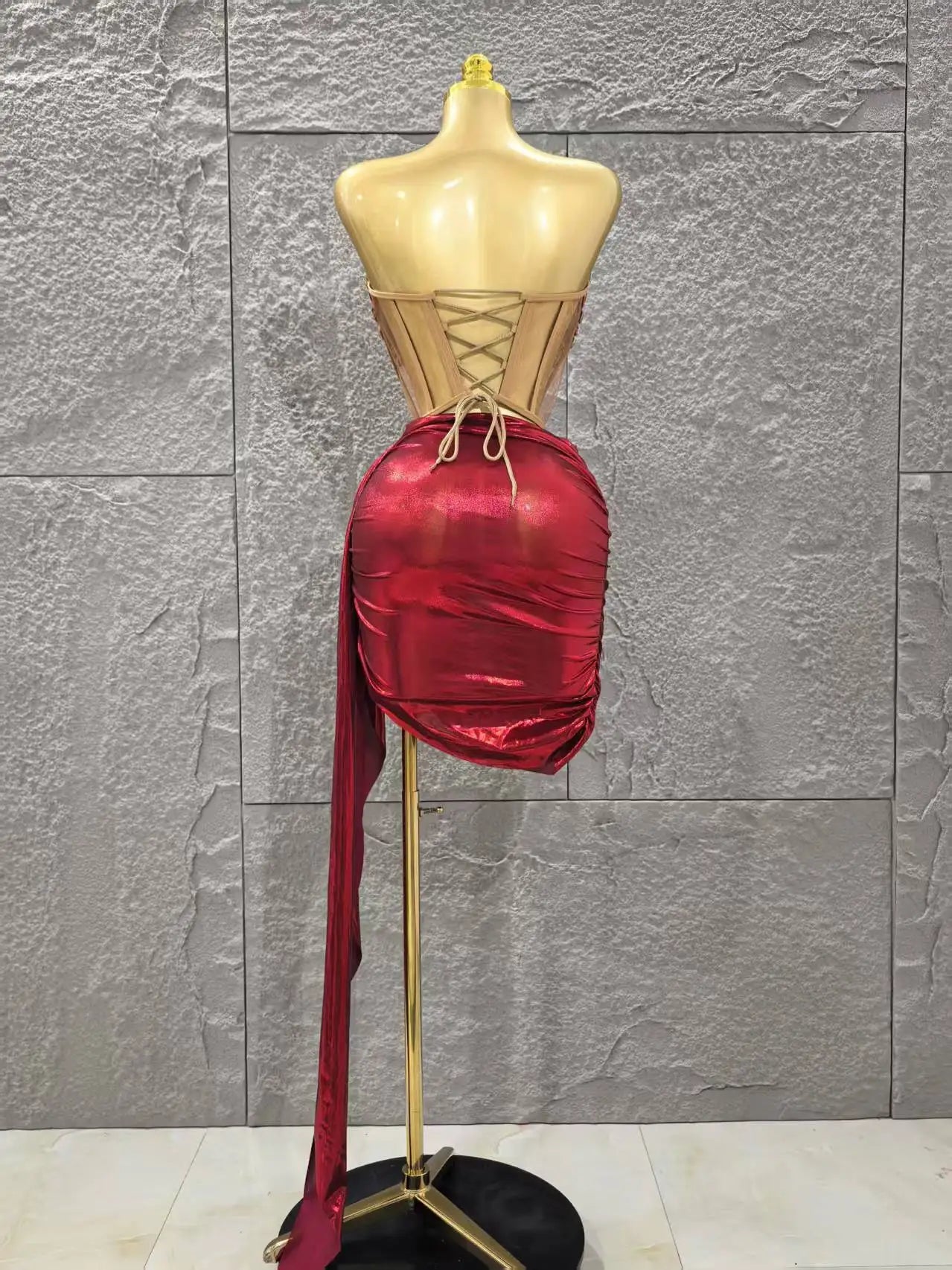 Shinning Red Crystal Women Sexy Strapless 2 Pieces Bodycon Mini Dress Nightclub Party Celebrate Birthday Photo Shoot Wear