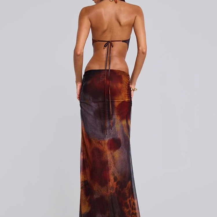 Halter Deep V Neck Print Sexy Maxi Dress For Women Gown Summer Hollow Out Sleeveless Backless Beach Long Dress