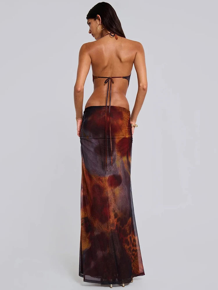 Halter Deep V Neck Print Sexy Maxi Dress For Women Gown Summer Hollow Out Sleeveless Backless Beach Long Dress