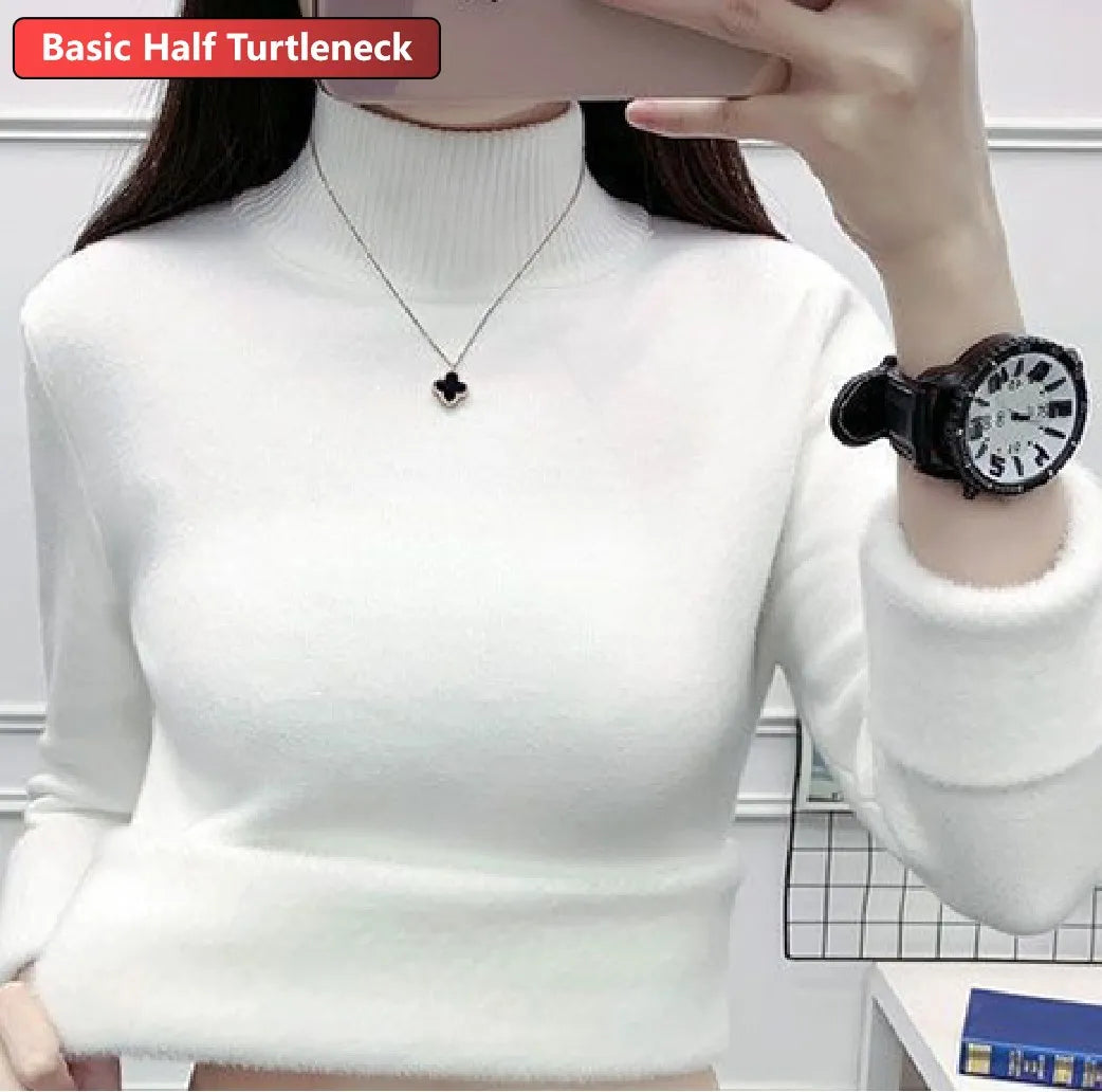 Turtleneck Winter Sweater Women Elegant Thicken Velvet Lined Warm Sueter Knitted Pullover Slim Tops Jersey Knitwear Jumper New HT white
