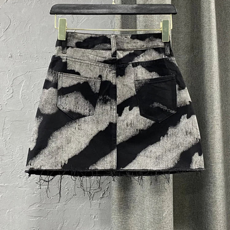 DEAT Women's Denim Skirt Contrast Color Stripes Print Burrs High Waist Short Mini Skirts Summer New Fashion 11XX1648