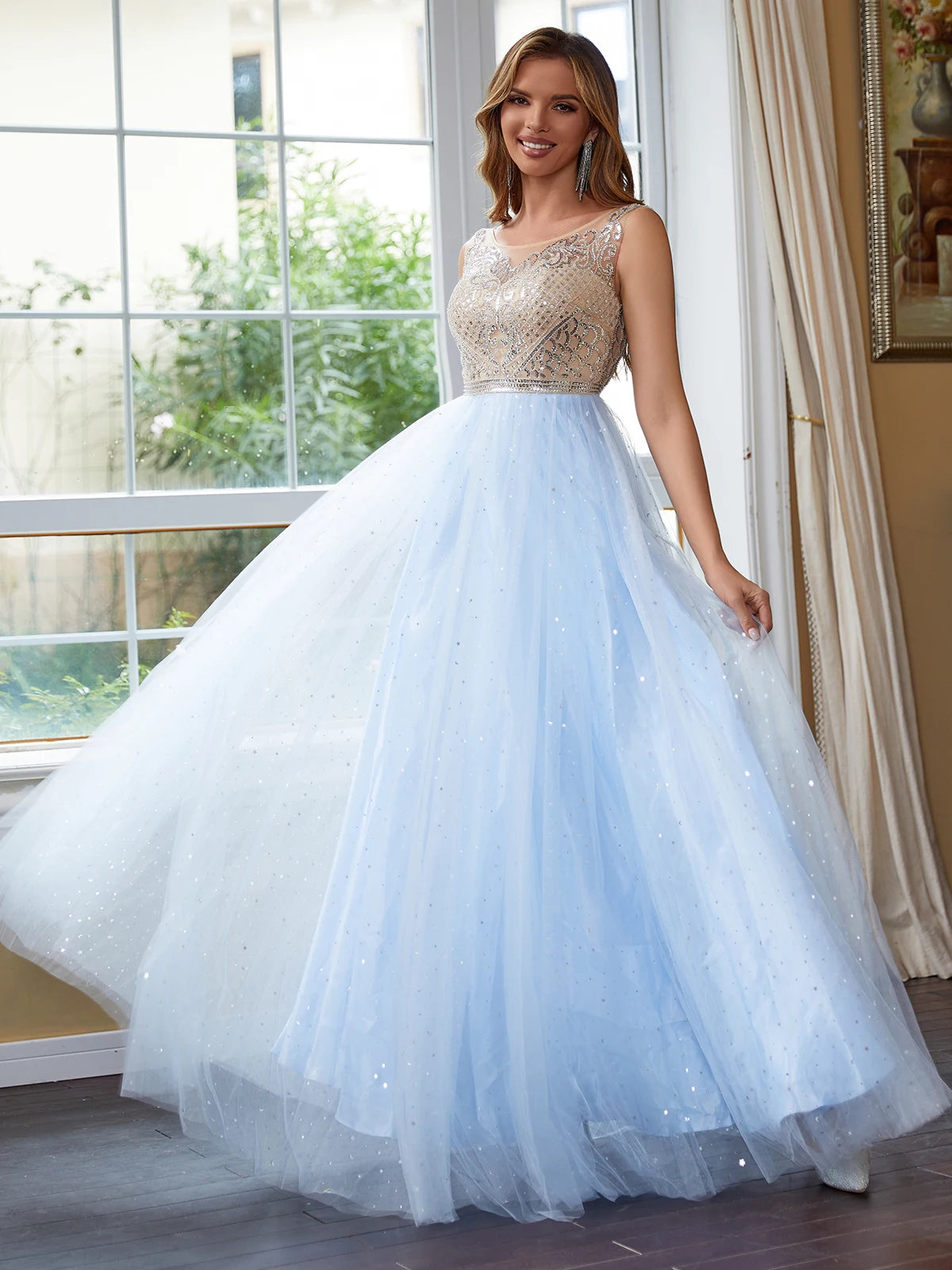 Luxury Hand Beading Crystal Prom Dresses Long Sparkly Start Tulle Ball Gown Homecoming Dresses for Teens Illusion Backless