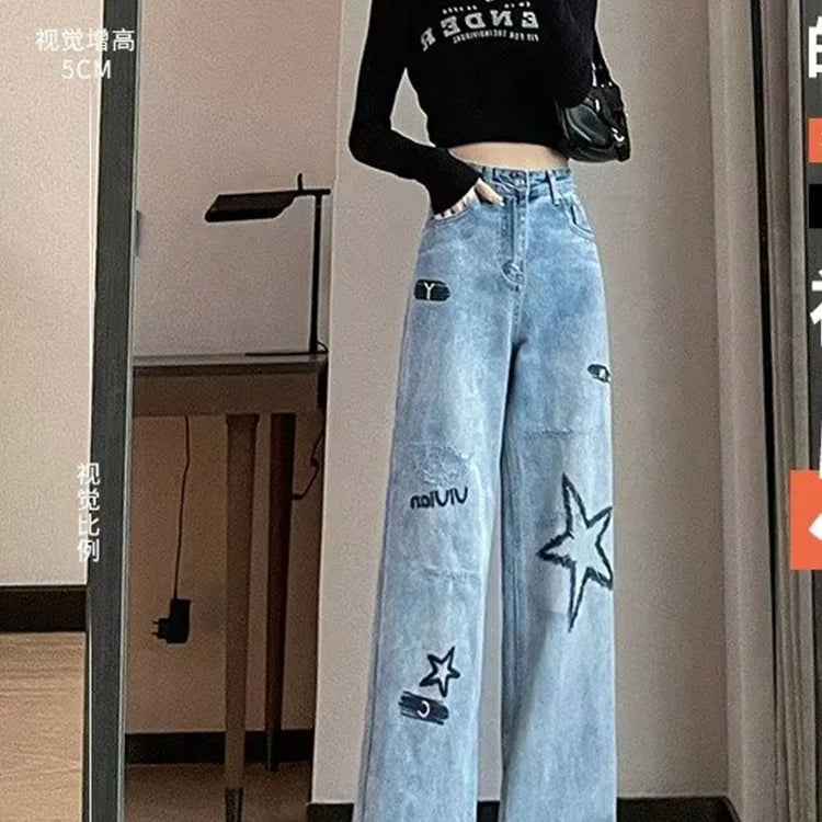 Y2K European and American women's light colored embroidered wide leg high waist straight leg loose mop jeans Blue