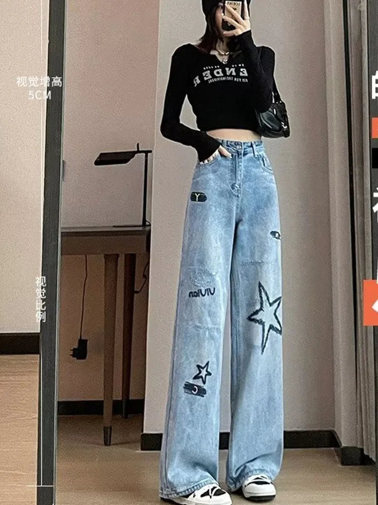 Y2K European and American women's light colored embroidered wide leg high waist straight leg loose mop jeans Blue