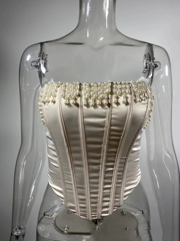 Mozision Pearl Tassel Sexy Crop Tops Women Off-shoulder Backless Skinny Corset Tops Femme Satin Fashion Club Party Tops Mujer Milky White