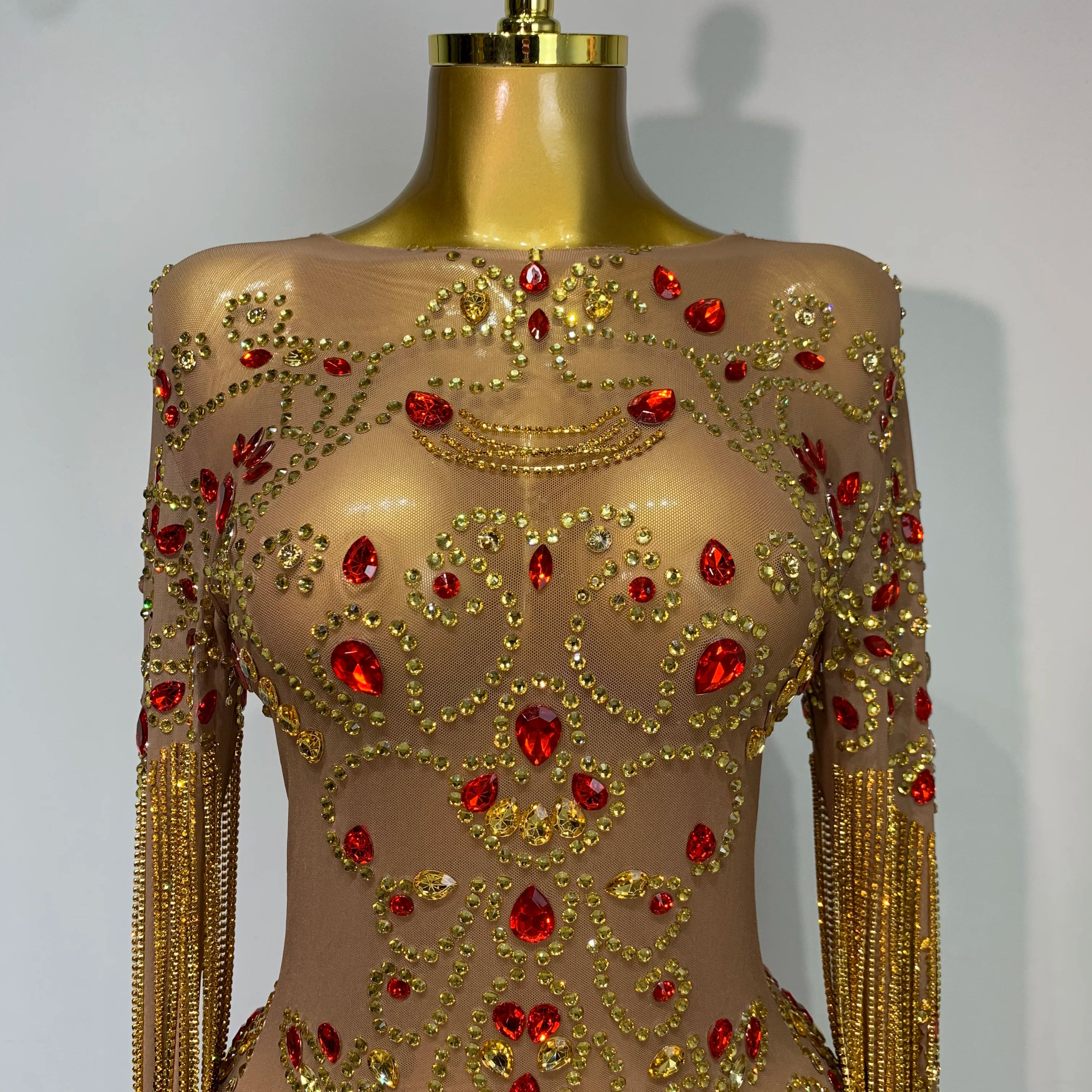 High Quality See Through Elastic Mesh Sparkly Rhinestone Stage Performan Costume Luxury Birthday Evening Party Wedding Dress