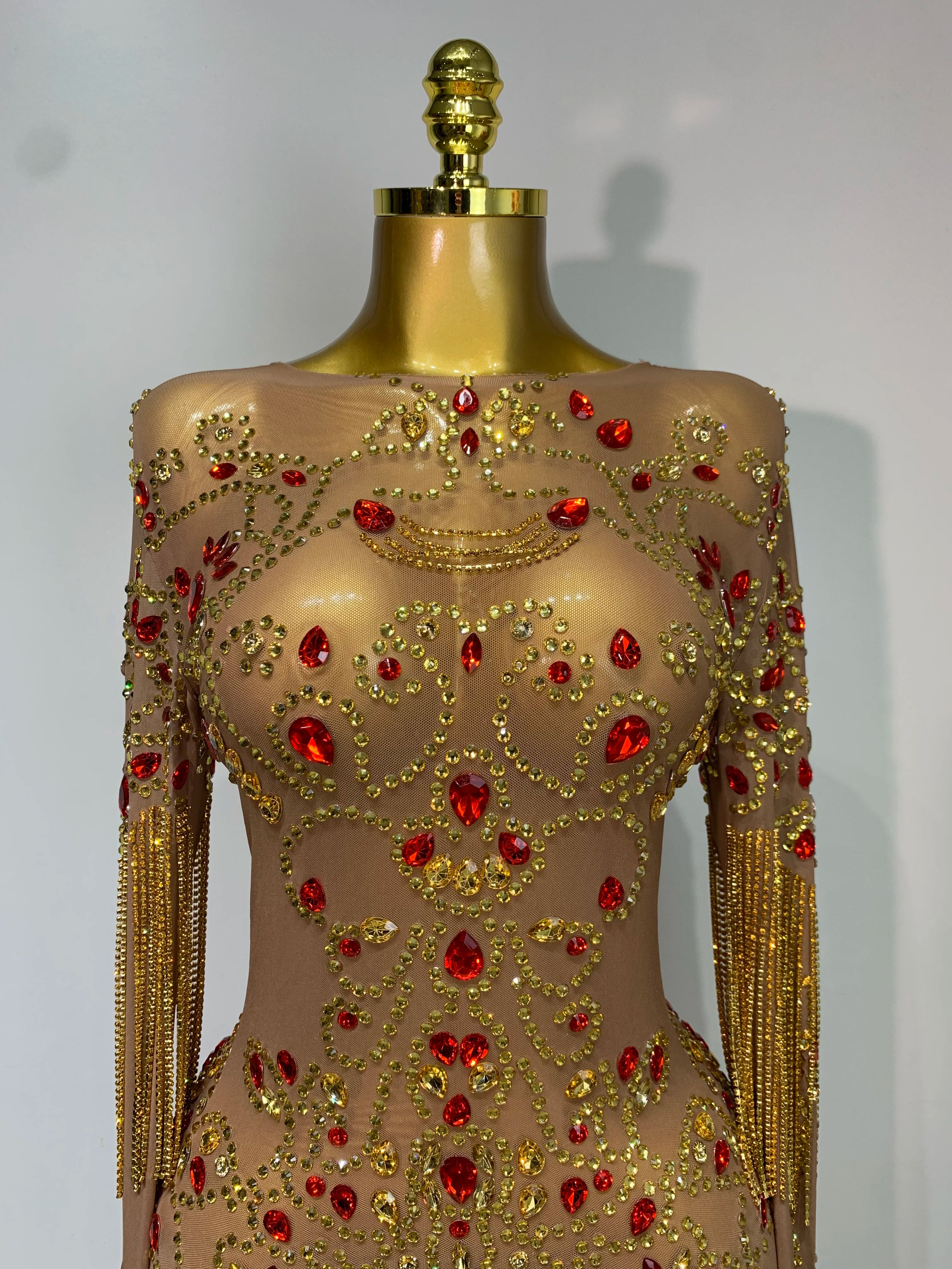 High Quality See Through Elastic Mesh Sparkly Rhinestone Stage Performan Costume Luxury Birthday Evening Party Wedding Dress