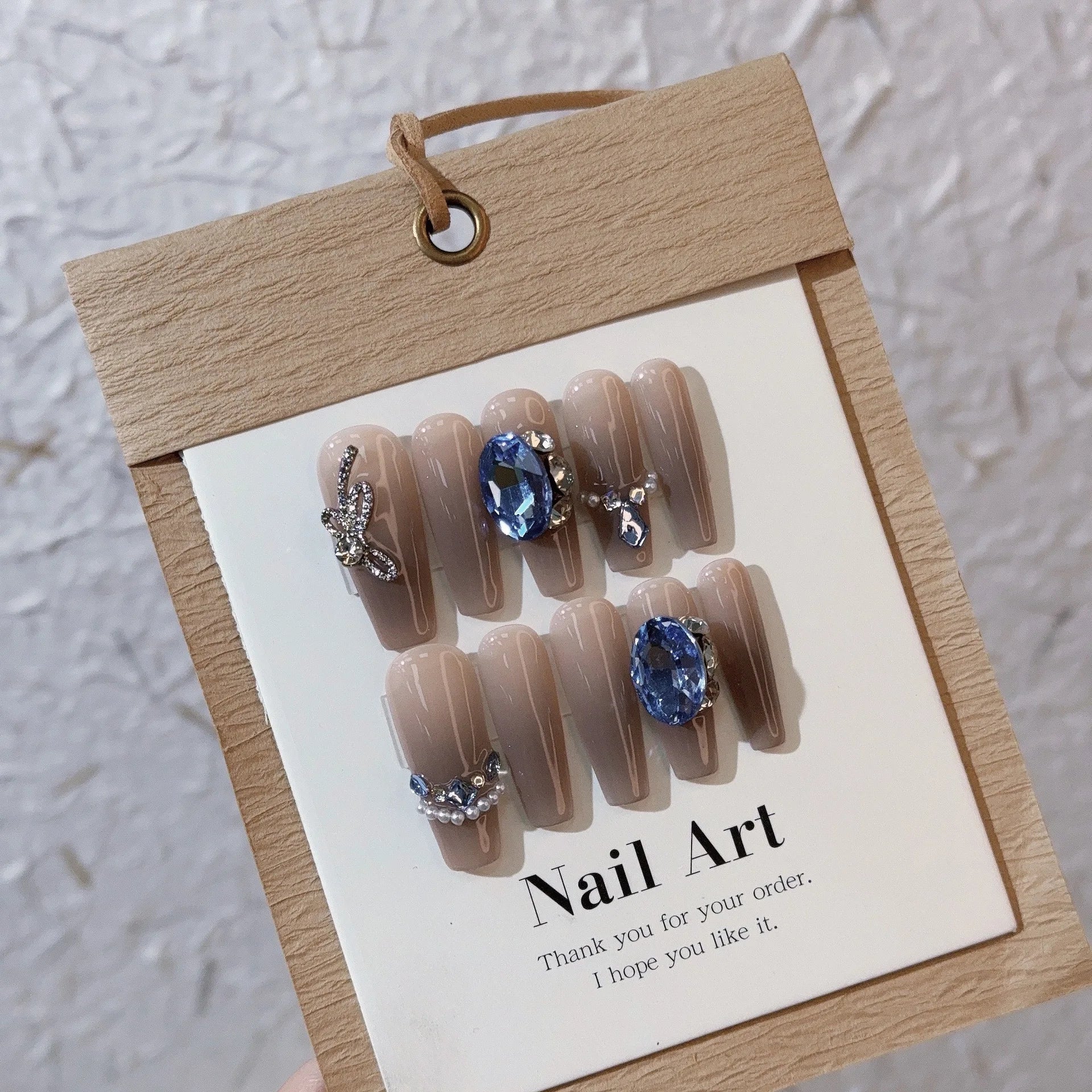 10Pcs Autumn Winter Long Coffin Handmade False Nails Swallow Gird French Press on Nail Glossy Pearl Full Cover Acrylic Nail Tips