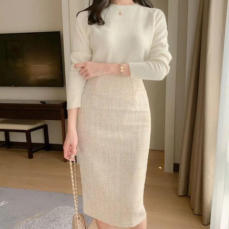 2023 Women Autumn Winter New High Waist Tweed Skirts Female Slim Package Hip Skirts Ladies High Waist Long Solid Skirts Y597