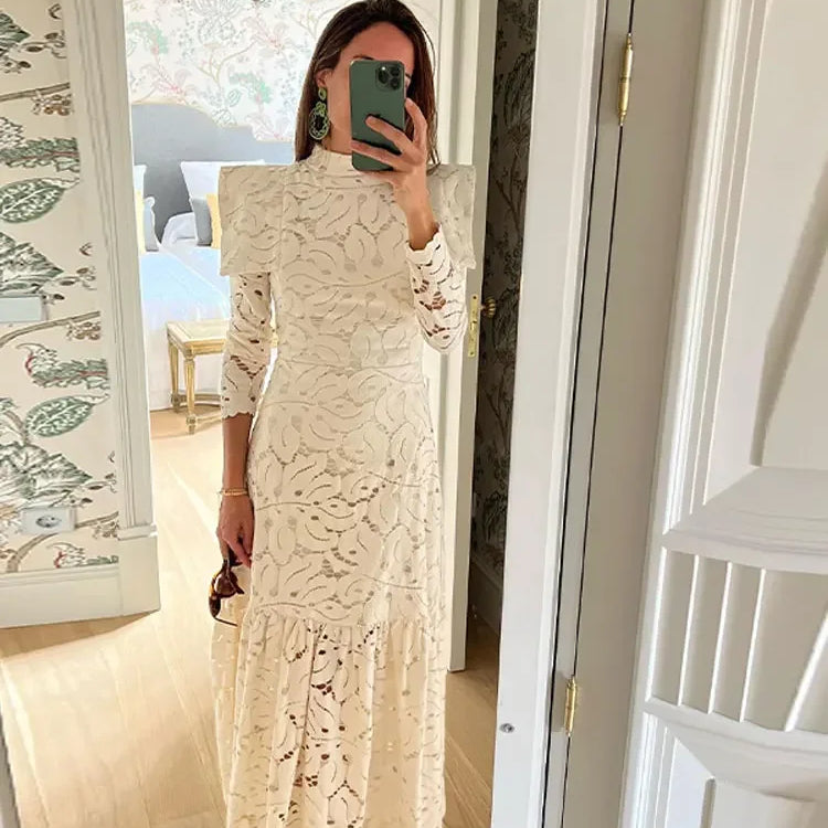 Elegant Hollowed Lace Maxi White Dress Women Fashion Mock Neck Long Sleeved Shoulder Padded Robes 2024 Evening Women's Clothing