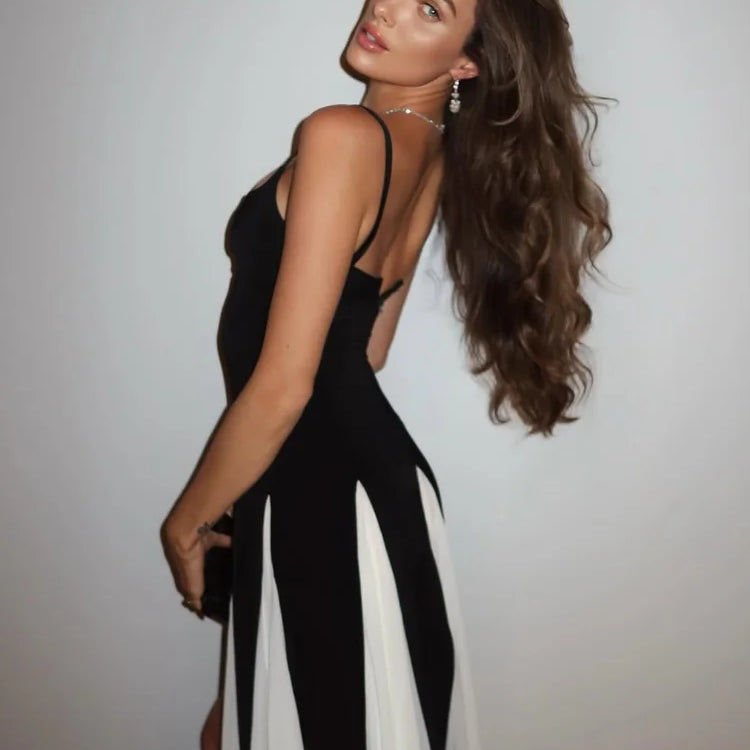 Fashion Contrasting U Neck Sling Maxi Dress Women Elegant Sleeveless Backless A-line Hem Robe Lady High Slit Summer Dresses 2025