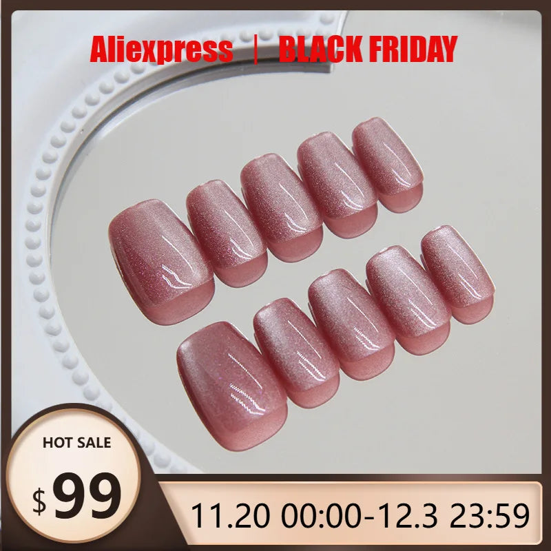 24pcs Cat's Eye Fake Nails French Glitter Aurora Red Purple Nail Cat's Eye Crystal Pure Color Full Cover Press on Nails Nail Tip