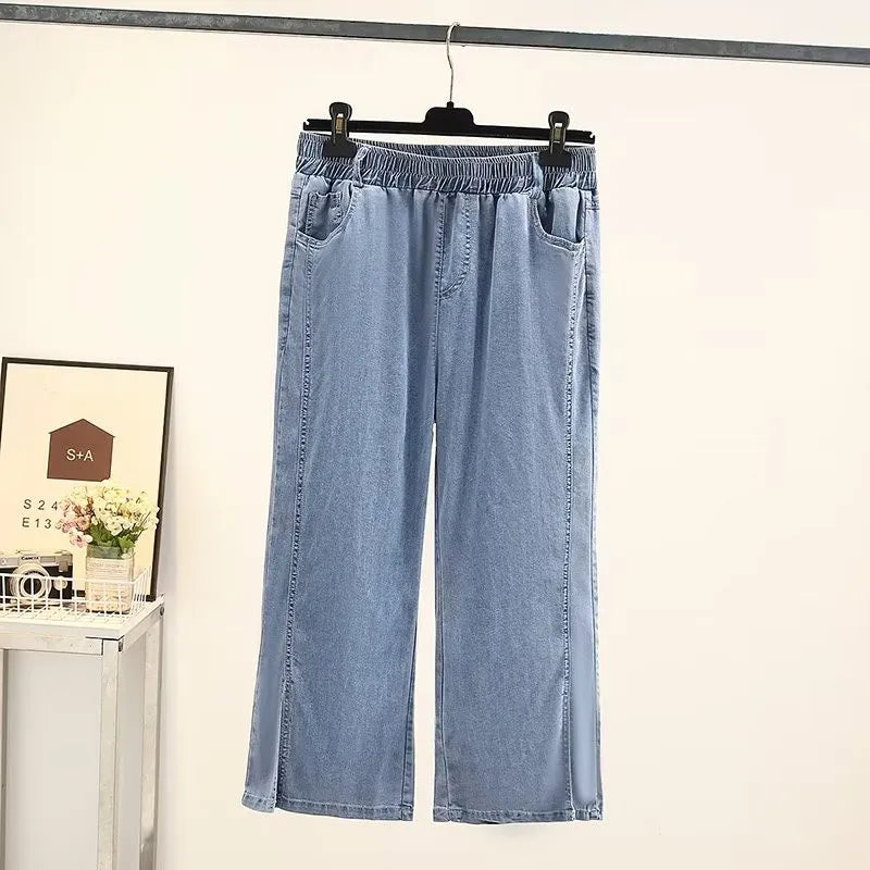 Plus Size Women's Clothing Denim Elasticated Waist Summer Thin Washed Jeans Fatty Wide-Legged Trousers For Obese Ladies Wear blue