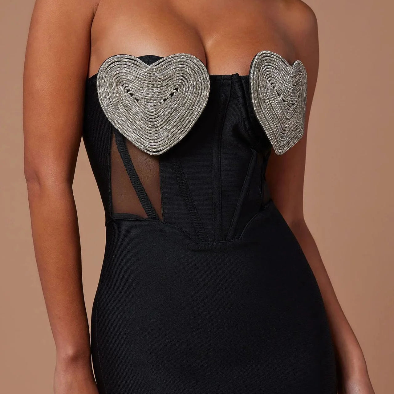 Women Sexy Off the Shoulder Heart Diamond Strapless Bodycon Midi Bandage Dress Nightclub Party Celebrate Outfit