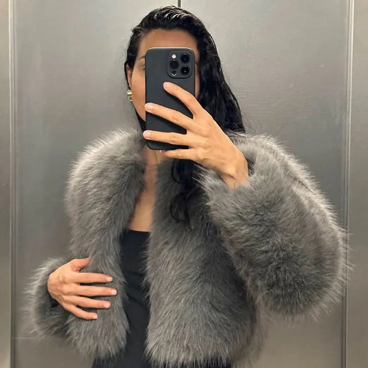Winter New Fashion Female O-Neck Vintage Long Sleeve Loose Streetwear Top Woman Artificial Fur Effect Jacket Coats