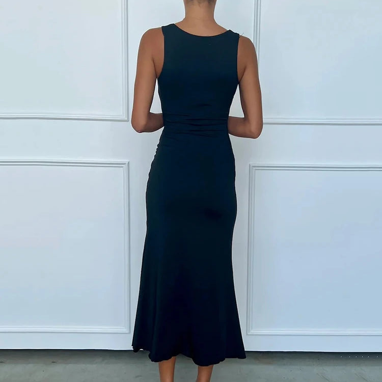 Elegant Deep V Neck Front Gold Clasp Sexy Maxi Dress For Women Black Gown Sleeveless Slim Fit Long Tank Dress Elegant