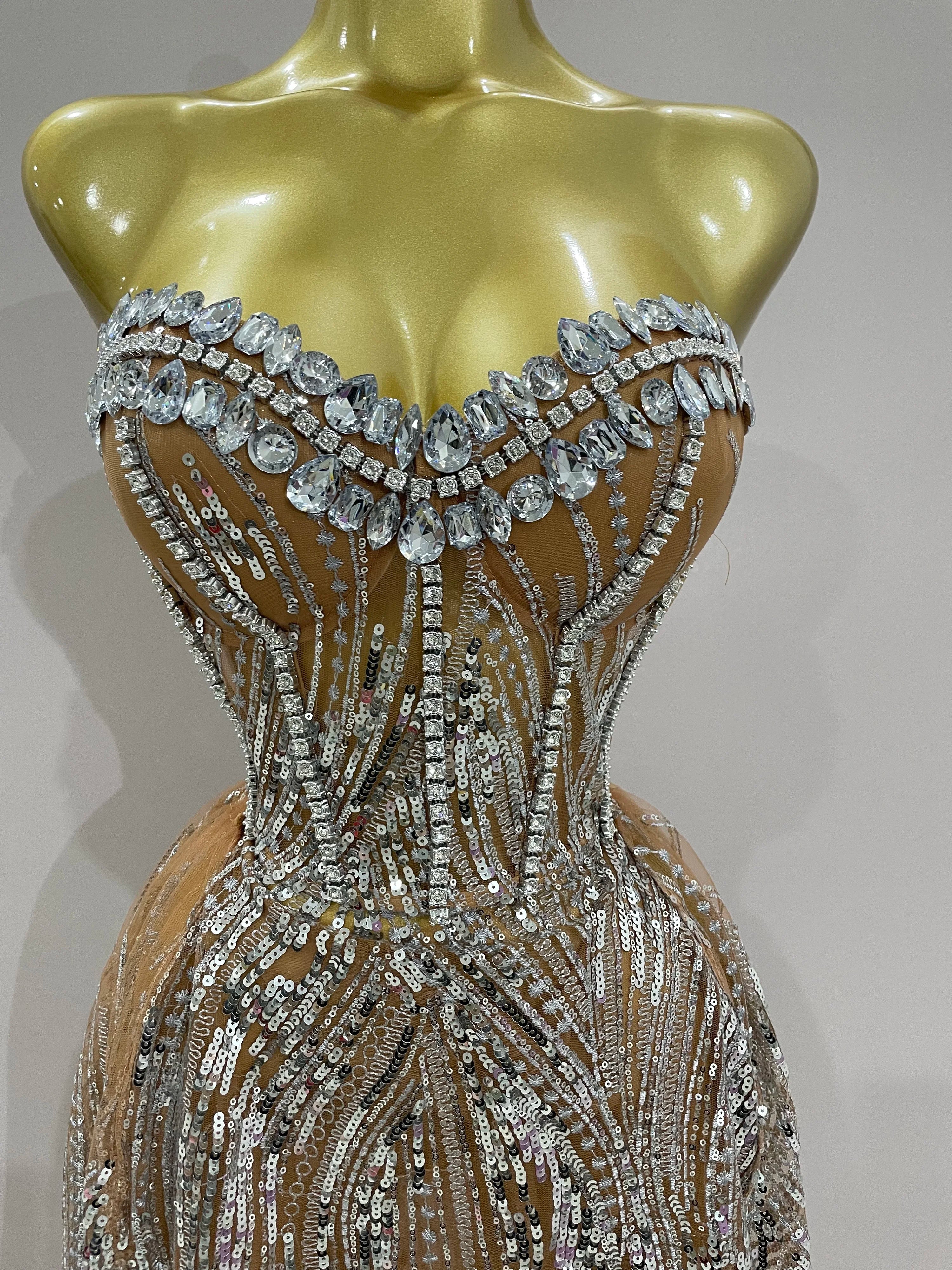 2025 Sparkly Rhinestone Sequins Sexy Strapless See-Through Long Dress Women Evening Birthday Party Dress Nightclub Stage Costume