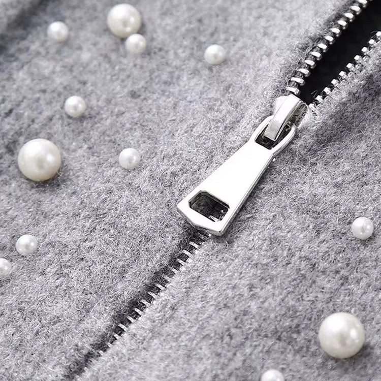 Fashion Knitted Pearl Bomber Jackets Women Vintage O-Neck Front Zipper Long Sleeved Female Coat Top Lady Grey Cropped Cardigan