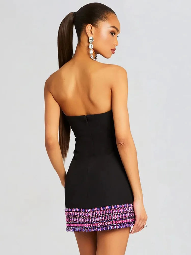 Vestido feminino celebridade de luxo, sexy, sem alças, sem costas, com recorte de pérolas, preto, justo, elegante, para festa à noite