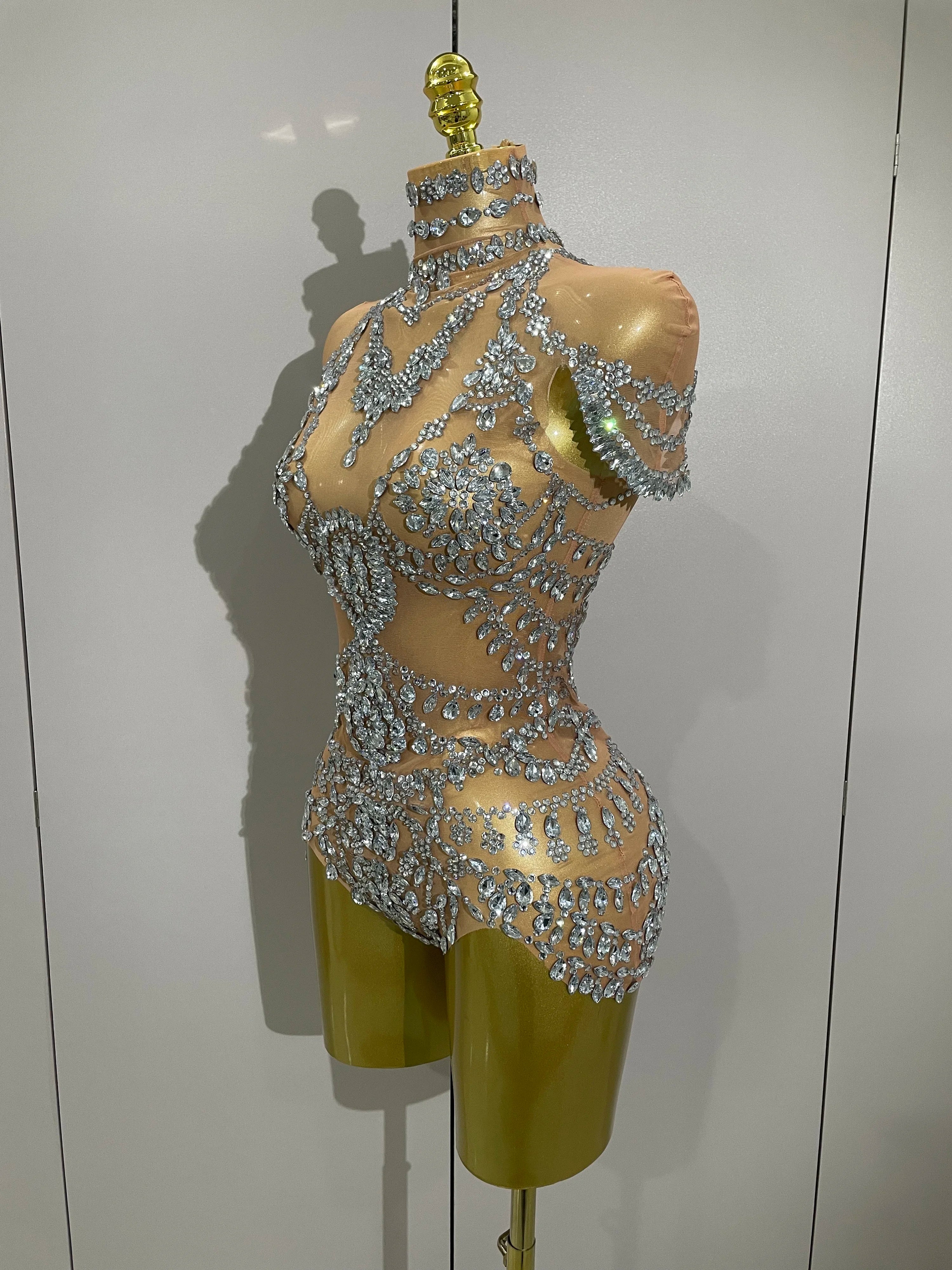 Traje de palco 2025 luxuoso com strass sexy transparente, body para festa noturna, bar, boate, cantor, dançarino, roupa de apresentação