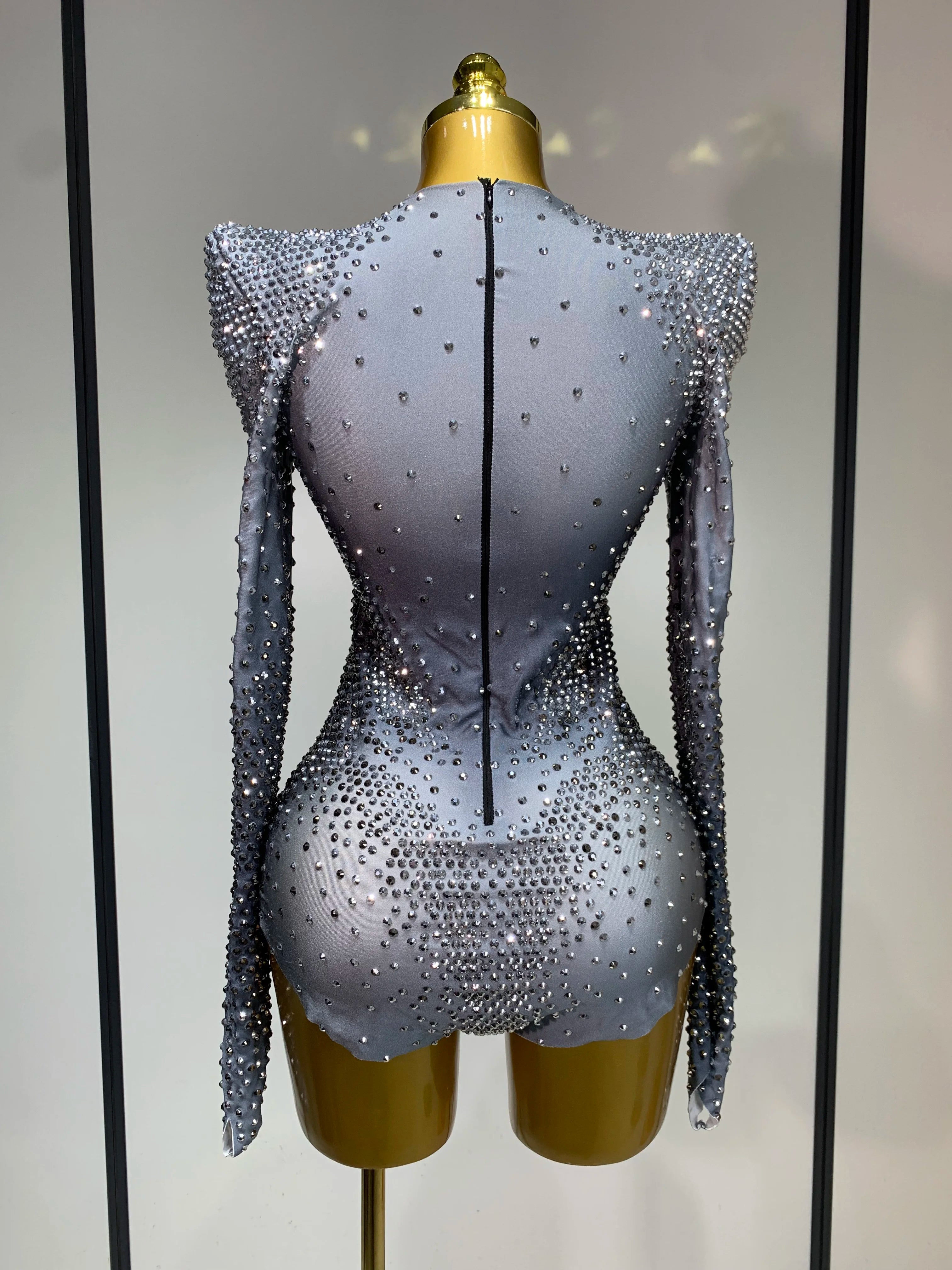 Sparkle Silver Rhinestones Stretch Bodysuits 2025 Women Luxury Birthday Evening Party Sexy Nightclub Singer Stage Costume