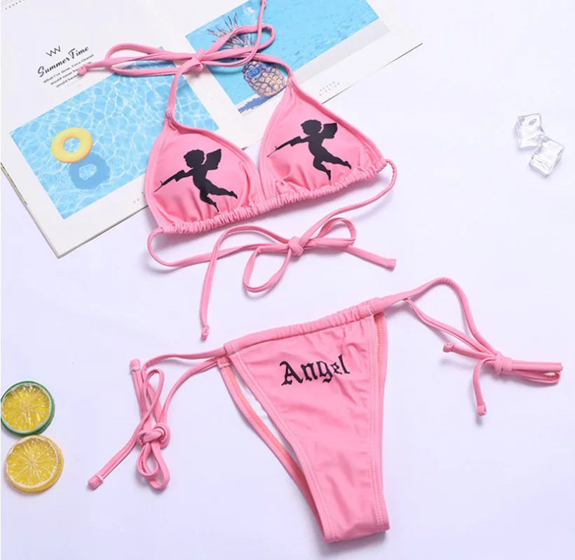 Sexy Goth Bikini 2023 Women Letters Skull Print Swimsuit Split Bathing Suit High Waist Gothic Bikinis Sets Beach Outfits 17