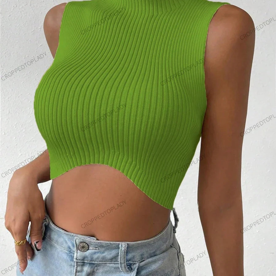 Summer Spring Women Casual Sexy Knit Sleeveless Curve Corset Mock Neck Crossfit Crop Top Femme Stretch Y2k Tank Fashion Clothes green Free size