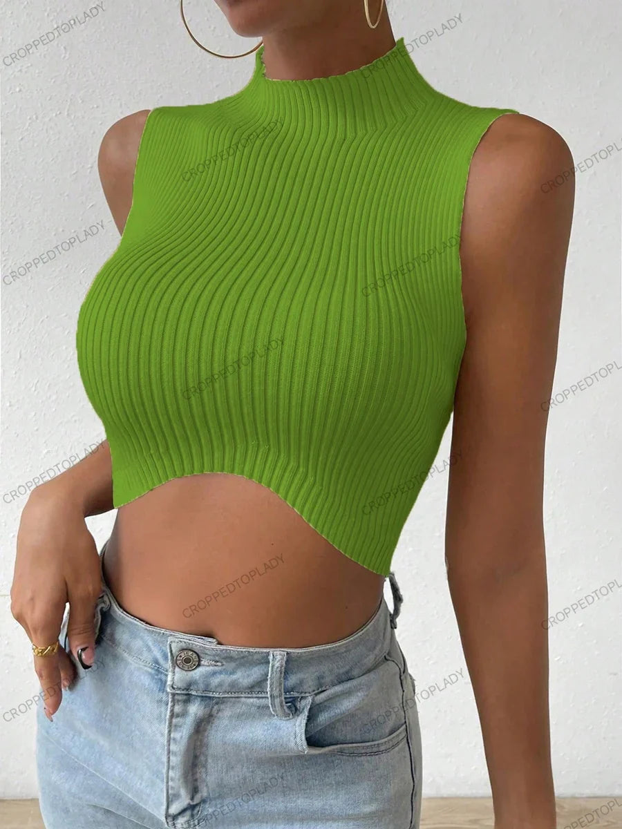 Summer Spring Women Casual Sexy Knit Sleeveless Curve Corset Mock Neck Crossfit Crop Top Femme Stretch Y2k Tank Fashion Clothes green Free size