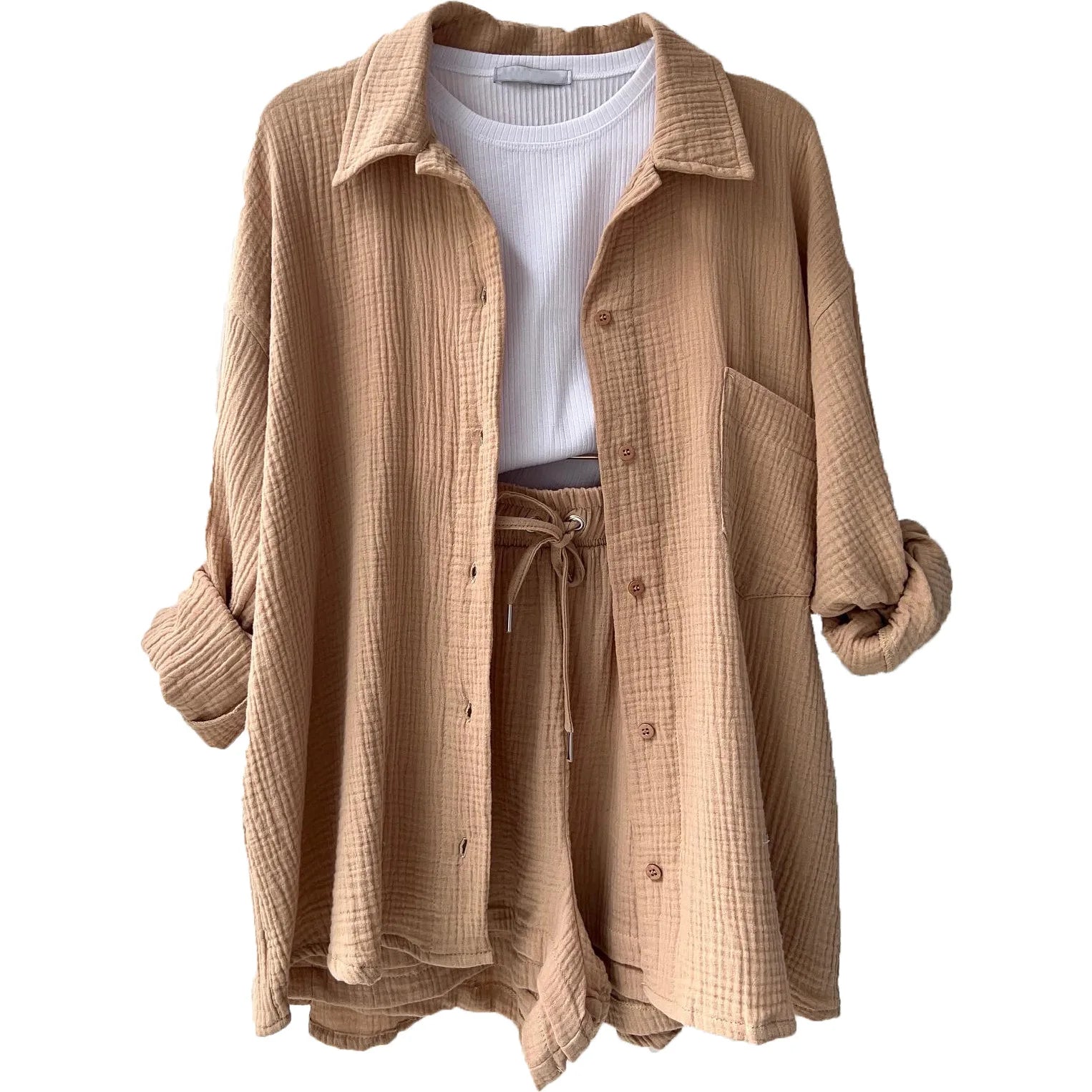 2 Piece Casual Sleepwear Cotton Pajamas for Women Turn-Down Collar Sleep Tops Suits with Shorts Gauze Cardigan Homewear Summer Khaki