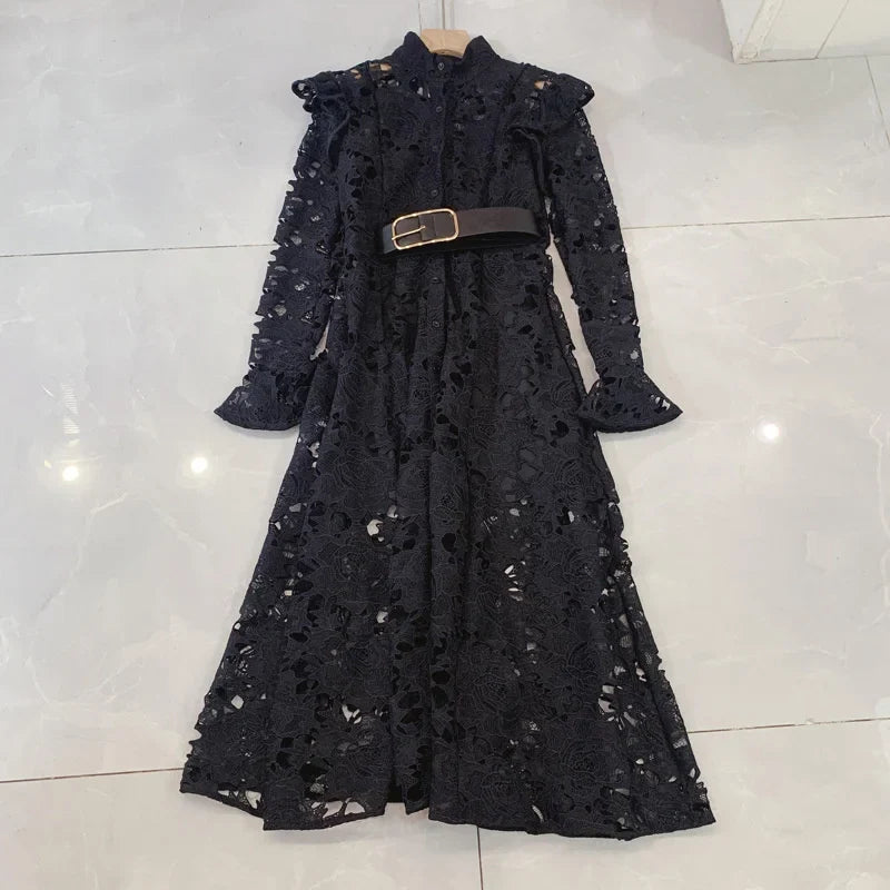 LGRQ Elegant High Quality Lace Embroidery Pattern Design Women's Dresses Evening Belt New Hollow Out Luxury Fashion 19F1371 Black