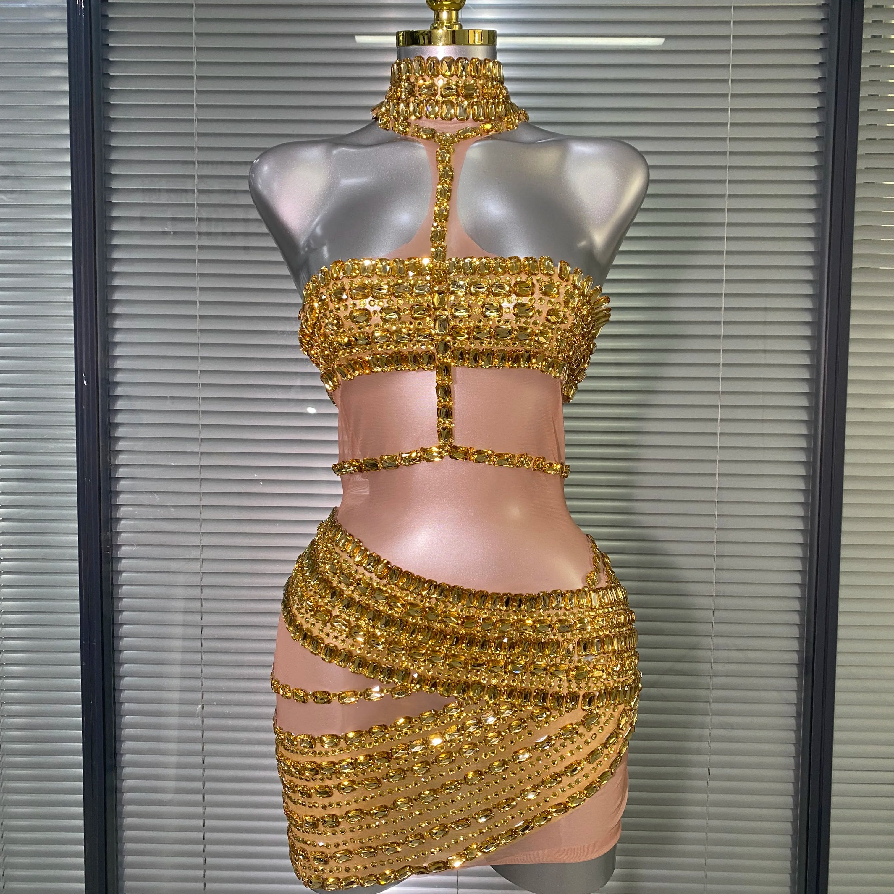 New Women Sexy Mesh Stage Costume Crystal Dancer Singer Sheer Mesh Night Club Red Gold Silver Mini Party Dress