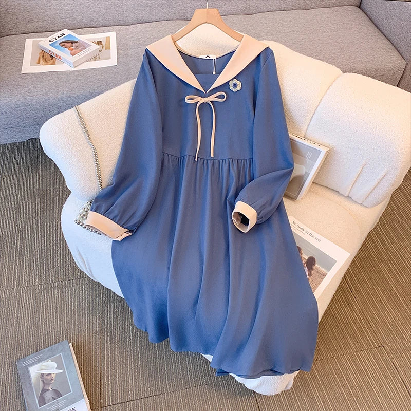 Plus Size Woman Preppy spring and autumn dress bow design girly commuter dress Graduation dress 5X-large, 6X-large blue. Blue