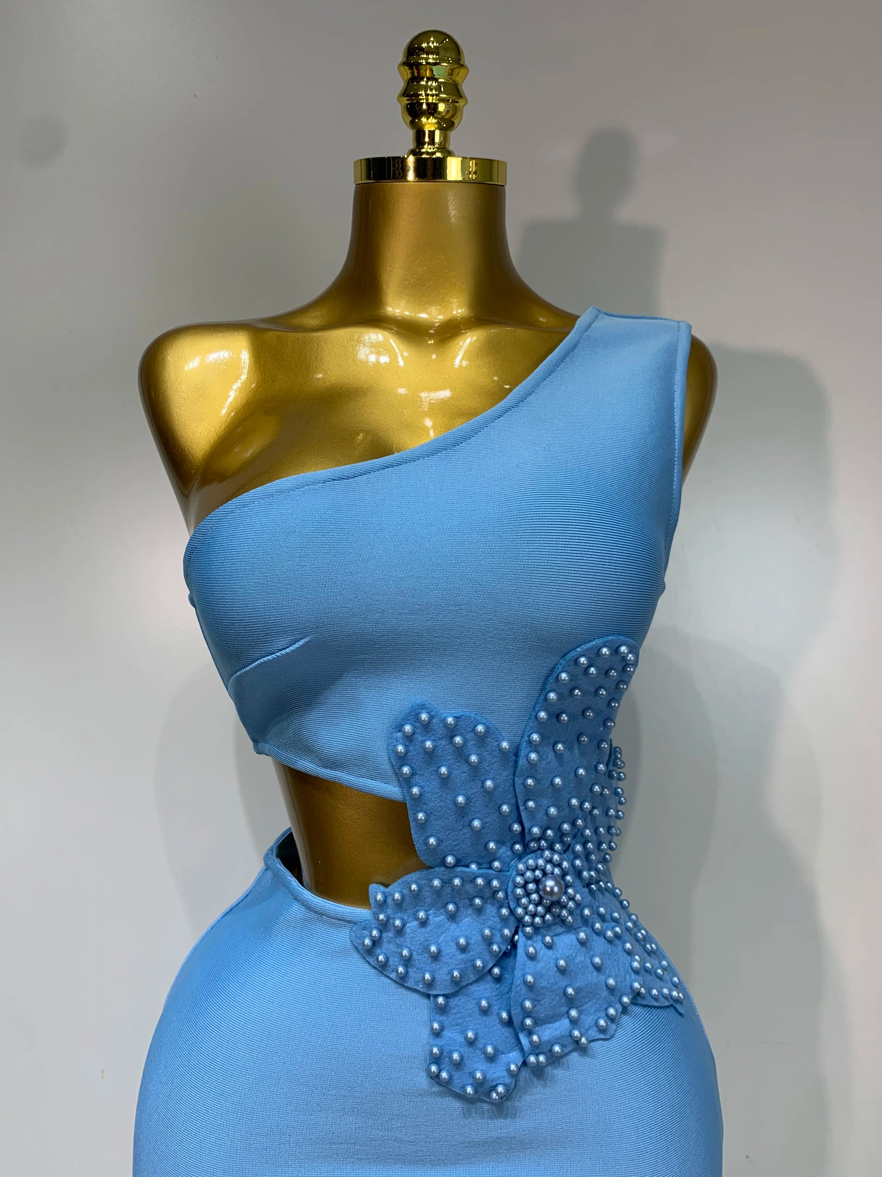 Vestido bandagem sexy e luxuoso de aniversário, um ombro, pérola, azul-celeste, bodycon, celebridade, elegante, festa noturna, traje para clube, 2025