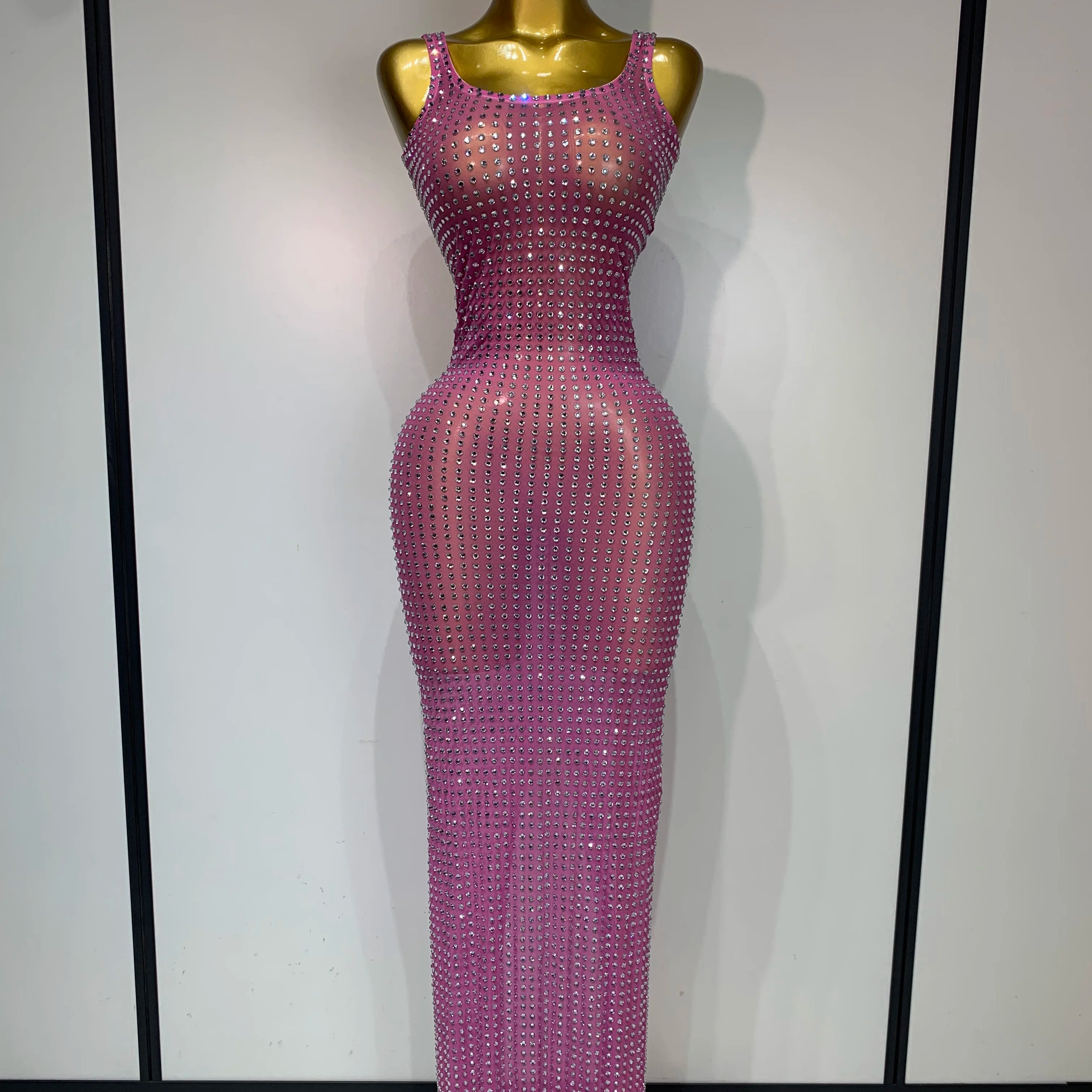Women Sexy Mesh See Through Rhinestone Pink Long Maxi Dress Birthday Evening Party Costume Singer Stage Performance Costume