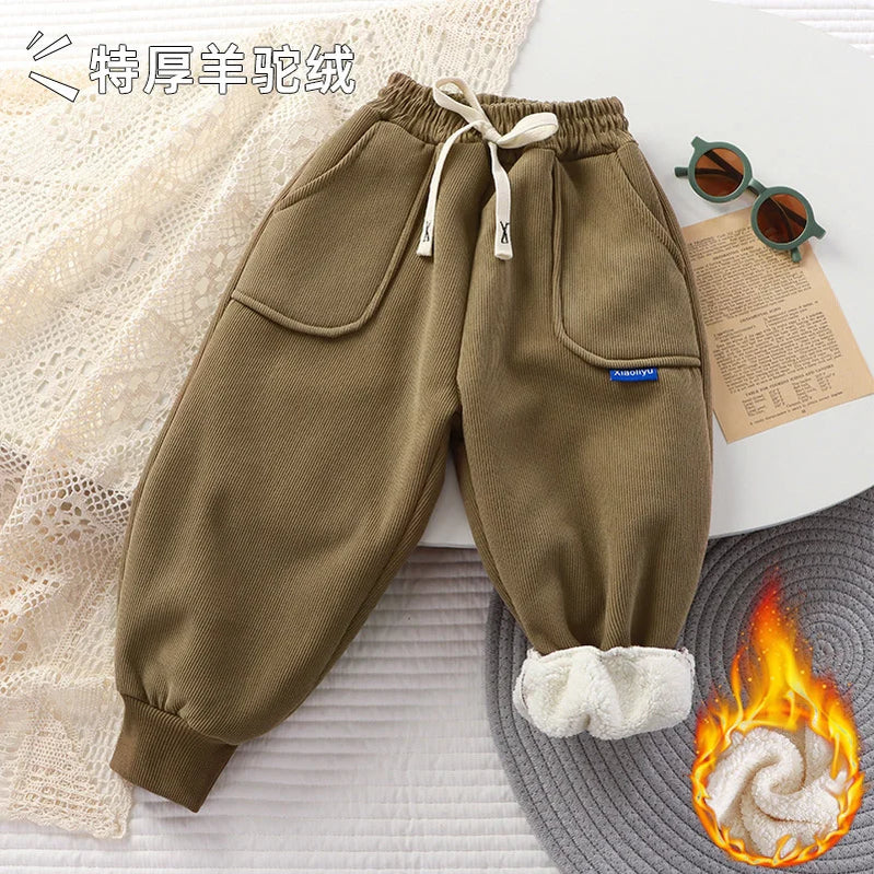 Kids Paded Pants Boys Girl Autumn Winter Plus Velvet Thick Warm Trousers Corduroy Outer Wear Sport Casual Pants Children Clothes Coffee