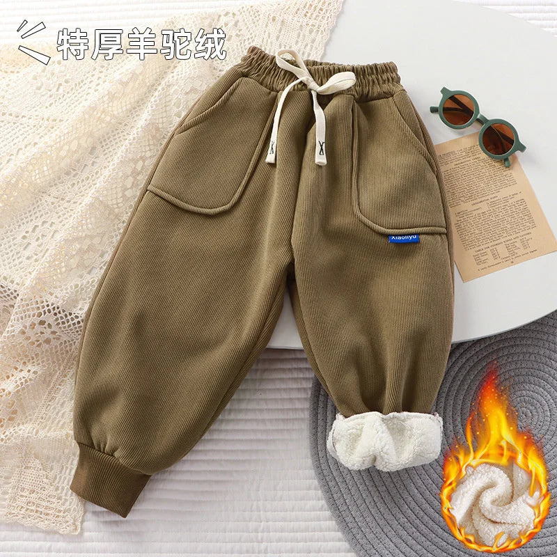 Kids Paded Pants Boys Girl Autumn Winter Plus Velvet Thick Warm Trousers Corduroy Outer Wear Sport Casual Pants Children Clothes Coffee