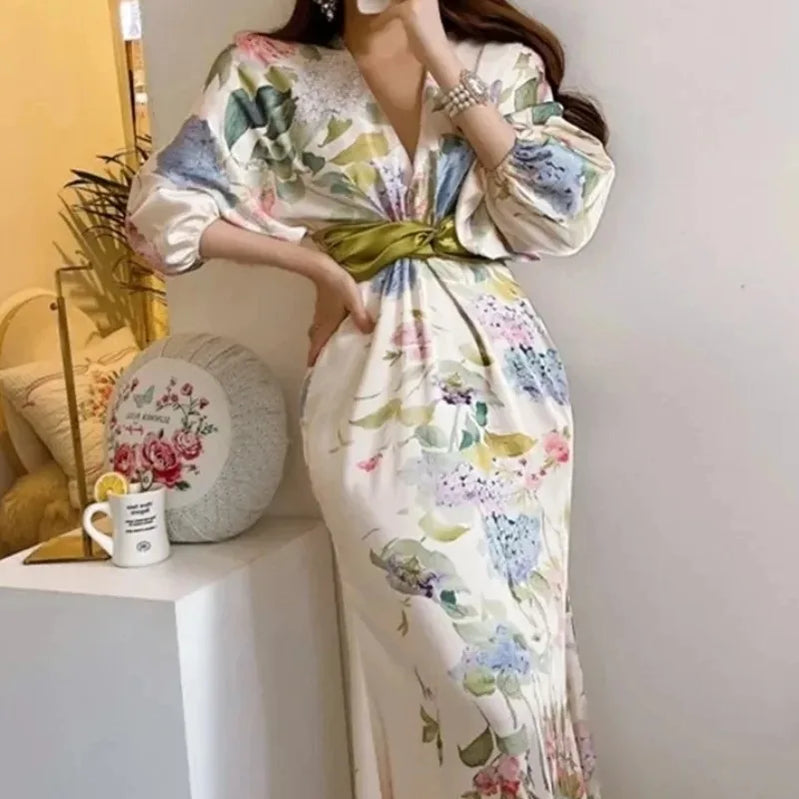 Women Elegant Floral Midi Dress Spring Vintage Japan Style Chic Bodycon Birthday Party Vestidos Female Fashion One Pieces Robe Picture color