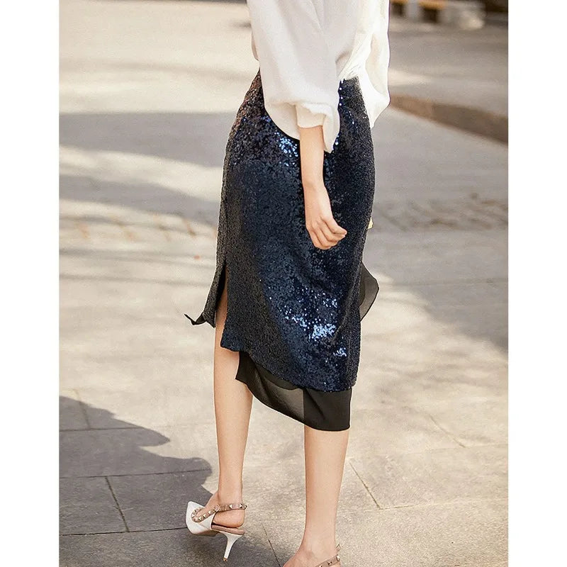 Early Spring New Women's Elastic High Waist Elegant Sequined Spliced Gauze Slim Fit Versatile Split Flattering A-line Skirt Midnight blue