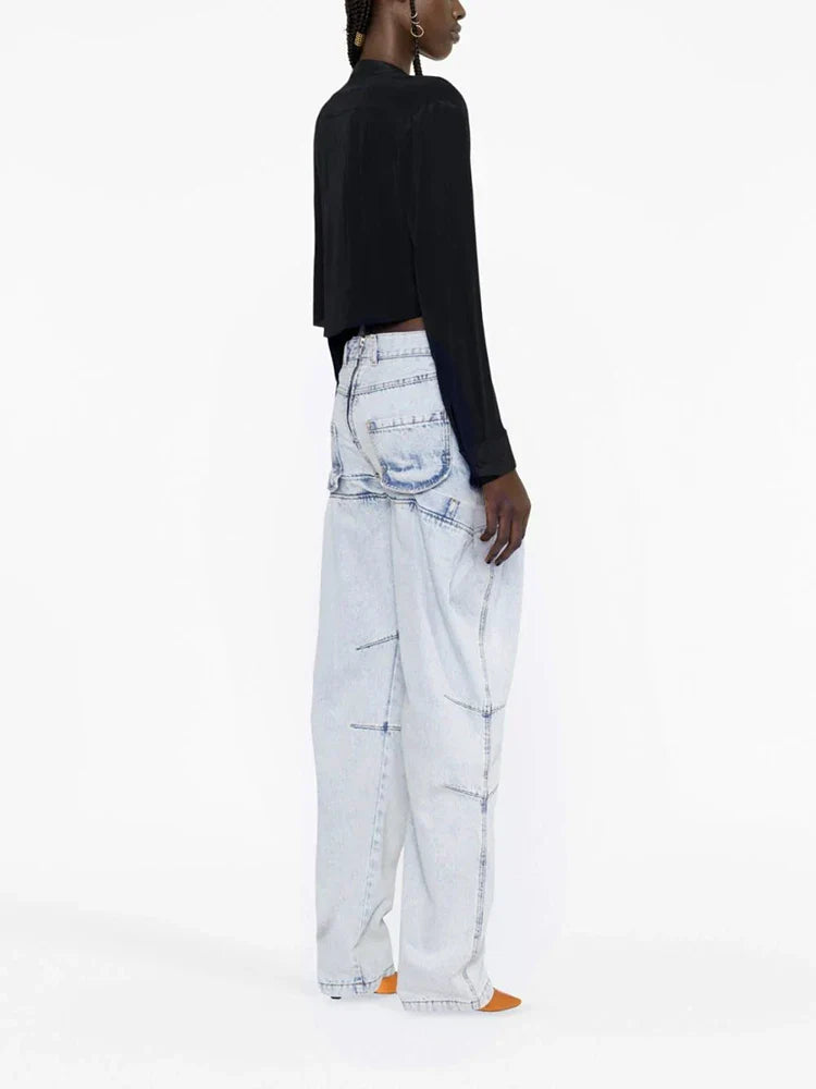 CHICEVER Minimalist Loose Denim Trouser For Women High Waist Patchwork Pockets Irregular Casual Solid Pant Female Summer Clothes