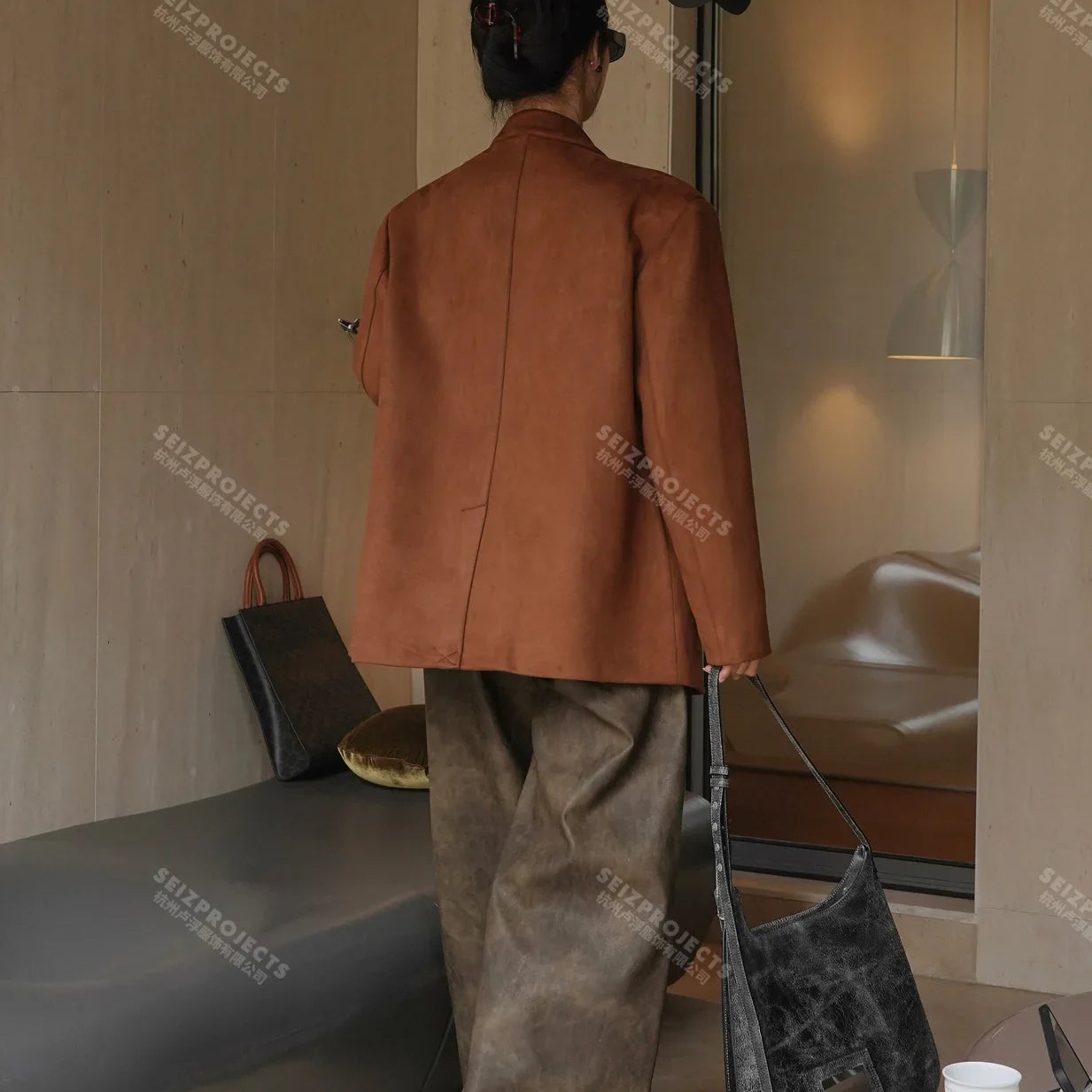 Winter Curved Pocket Oversized Blazer Suede Jacket Brown Green Loose Straight Coat For Women