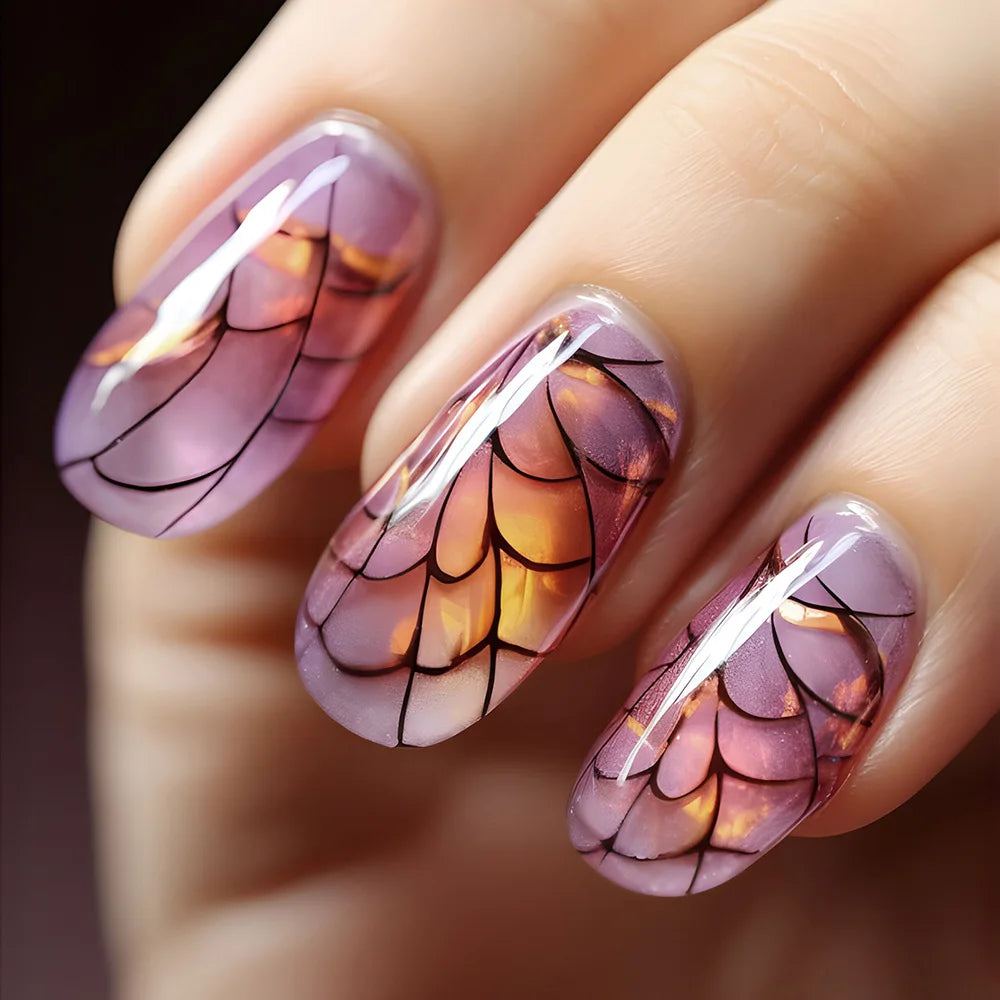 24pcs/set short Medium quare Glossy Ballerina Fake Nails jellyfish blue sea wave flowers geometric design press on false nails