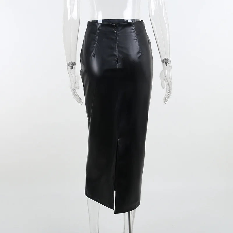 Elegant Skirt Office Lady Fashion Ruched PU Leather Midi Skirts Women Slim High Waist Black Skirts Spring Autumn Bottom 2023 New