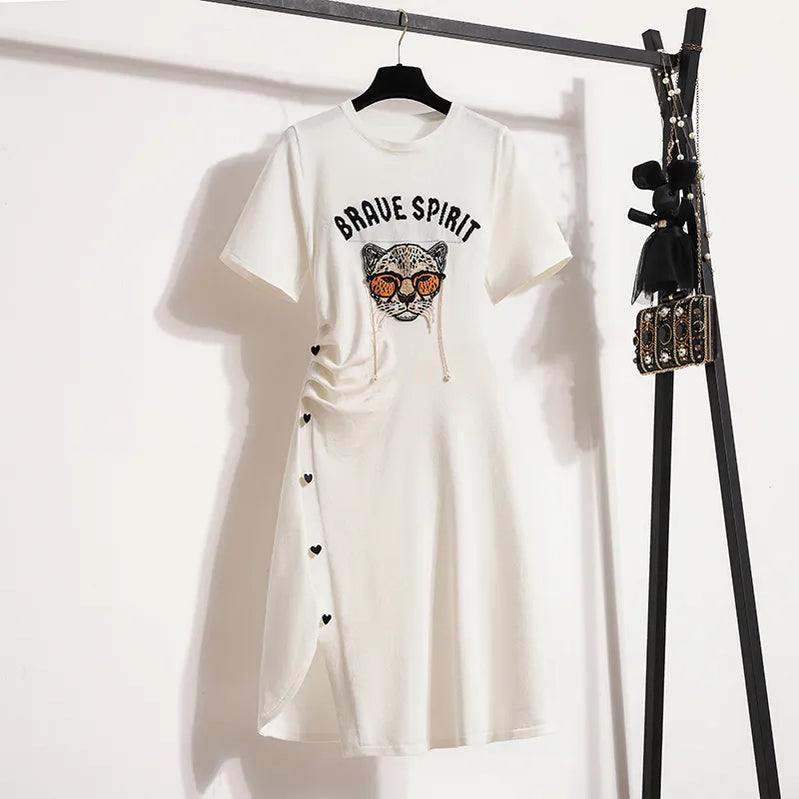 Autumn New Irregular Short Sleeves Women's Printed Street Fashion Inside Knitted Dresses Tunics WHITE
