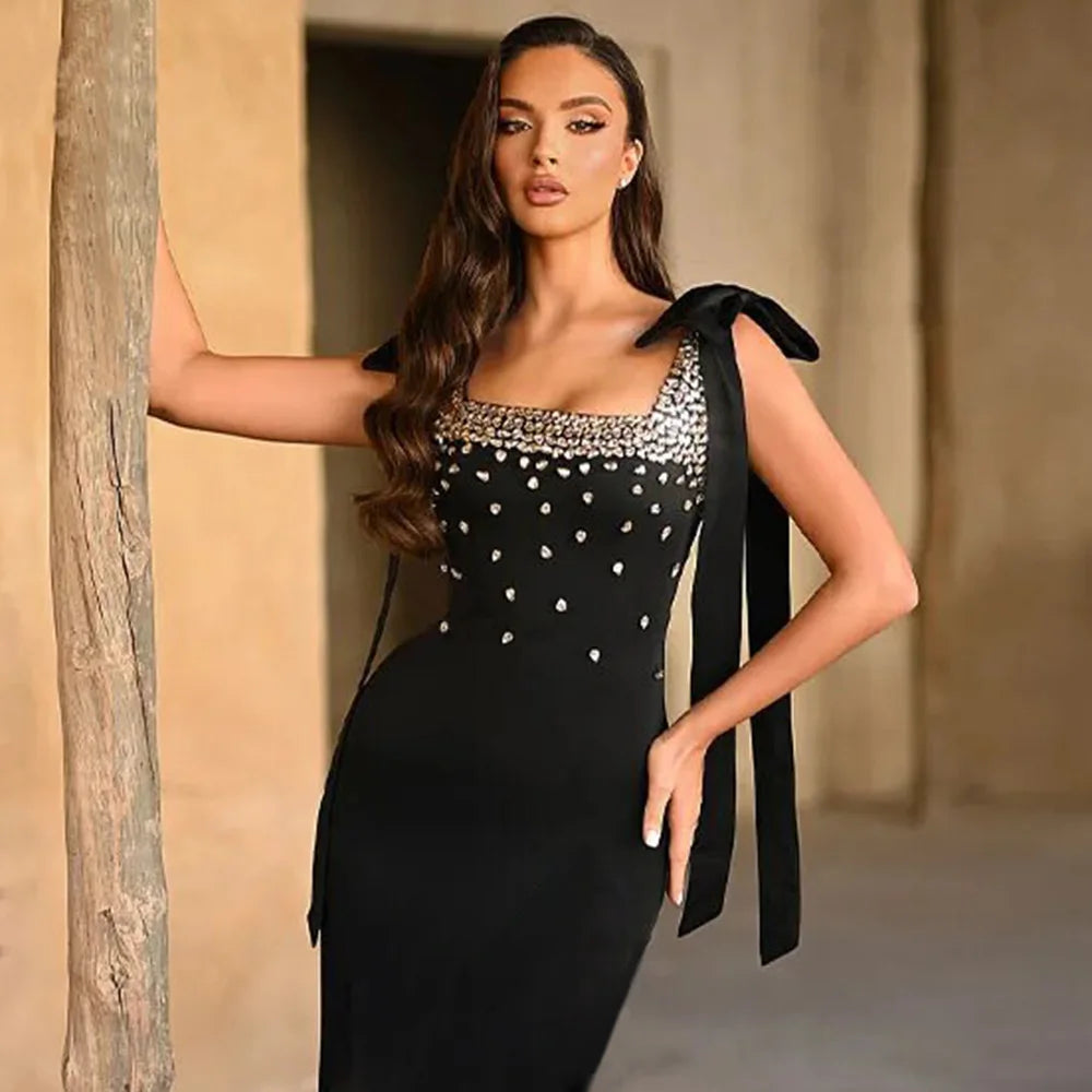 Black Color Women Sleeveless Square Collar Shinning Crystal Bodycon Mini Bandage Dress Nightclub Party Celebrate Birthday Wear