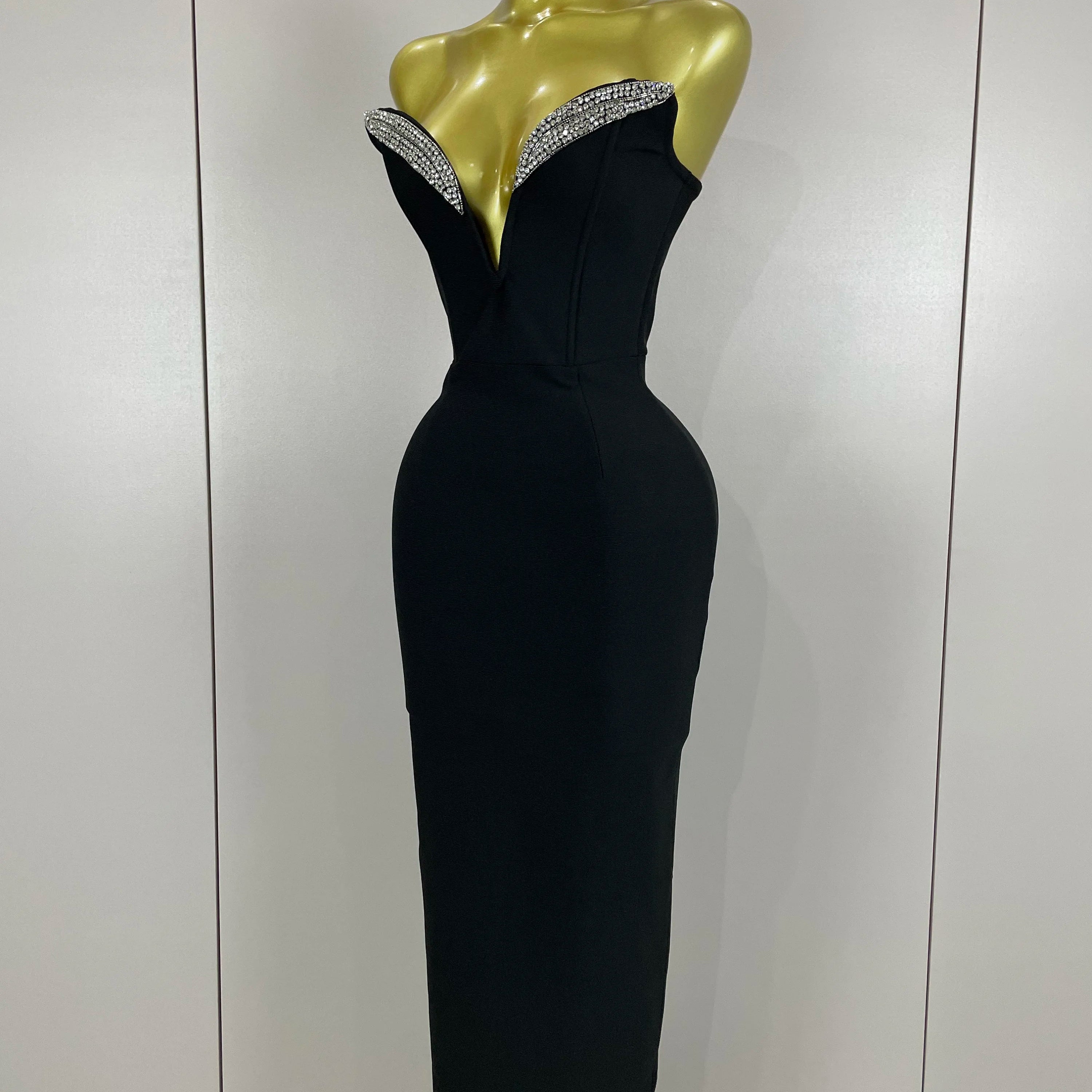 Vestido longo feminino sexy sem alças, brilhante, com strass, colado ao corpo, moda para festa noturna, luxuoso, aniversário, 2025