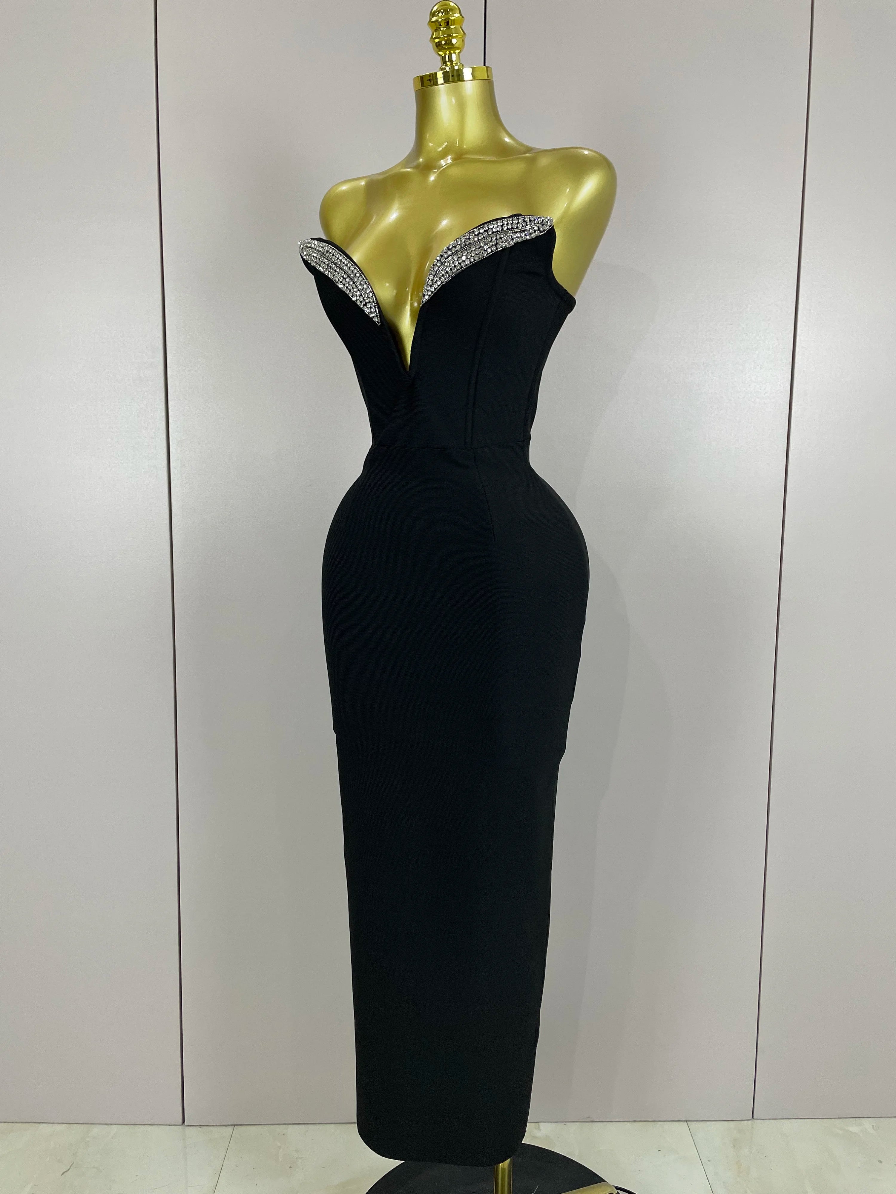 2025 Women Sexy Strapless Sparkly Rhinestones Bodycon Bandage Long Dress Fashion Celebrate Evening Party Luxury Birthday Dresses