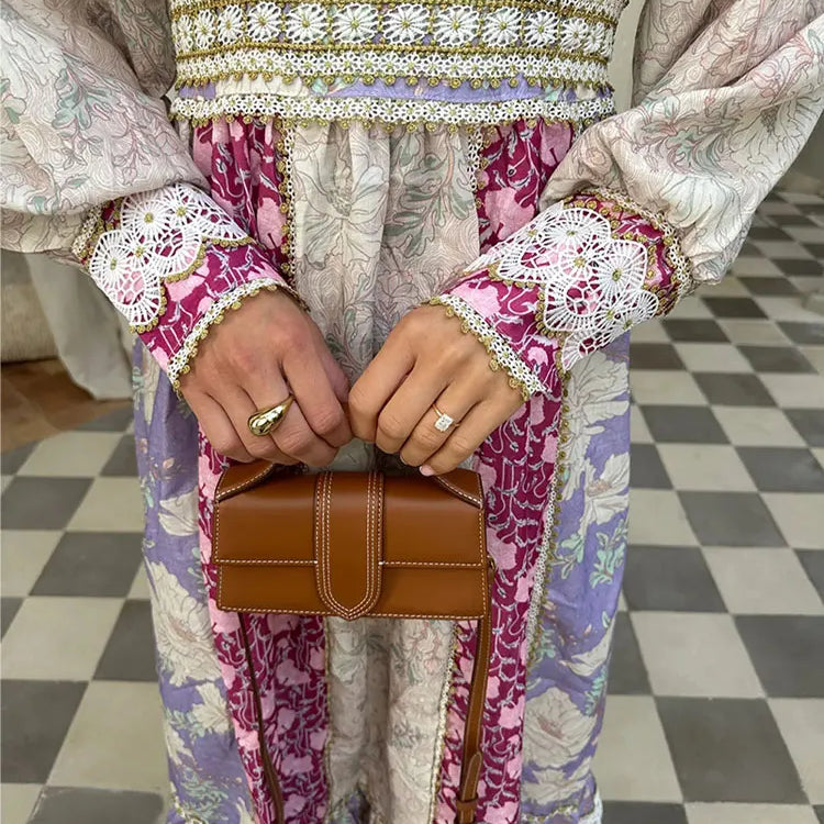 Fashion Patchwork Print Maxi Dress Women Long Sleeve V Neck High Waist Vestidos Female Vacation Party Club Robes