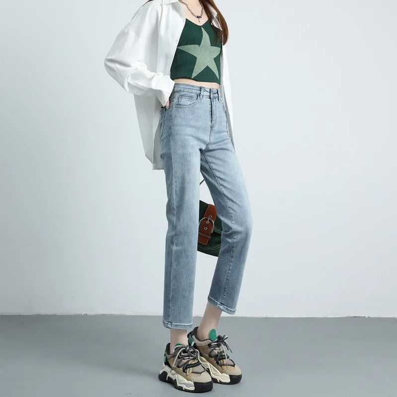 Straight Slim Fit Denim Jeans For Women High Waist French Elastic Classic Sweet Girl Design Long Pants