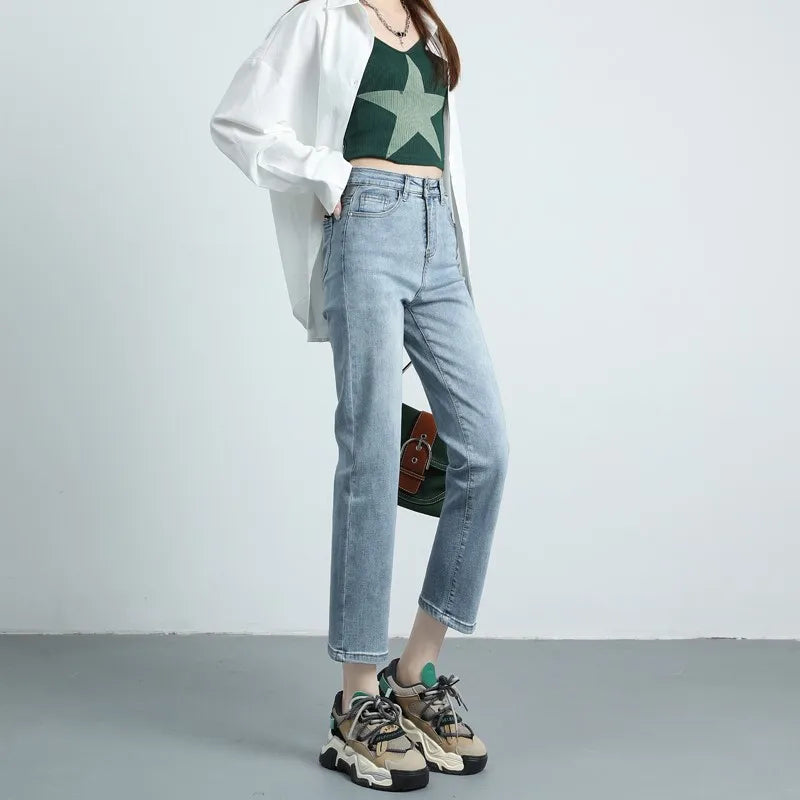 Straight Slim Fit Denim Jeans For Women High Waist French Elastic Classic Sweet Girl Design Long Pants